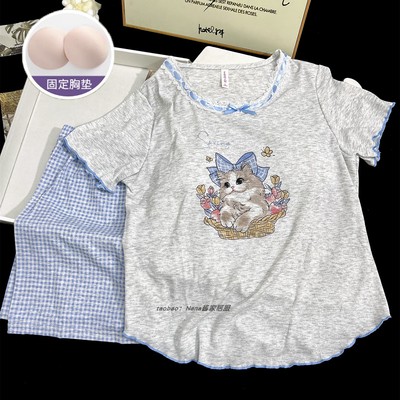 莫代尔睡衣女冰丝凉感夏季短袖短裤带胸垫网红猫咪圆领家居服套装