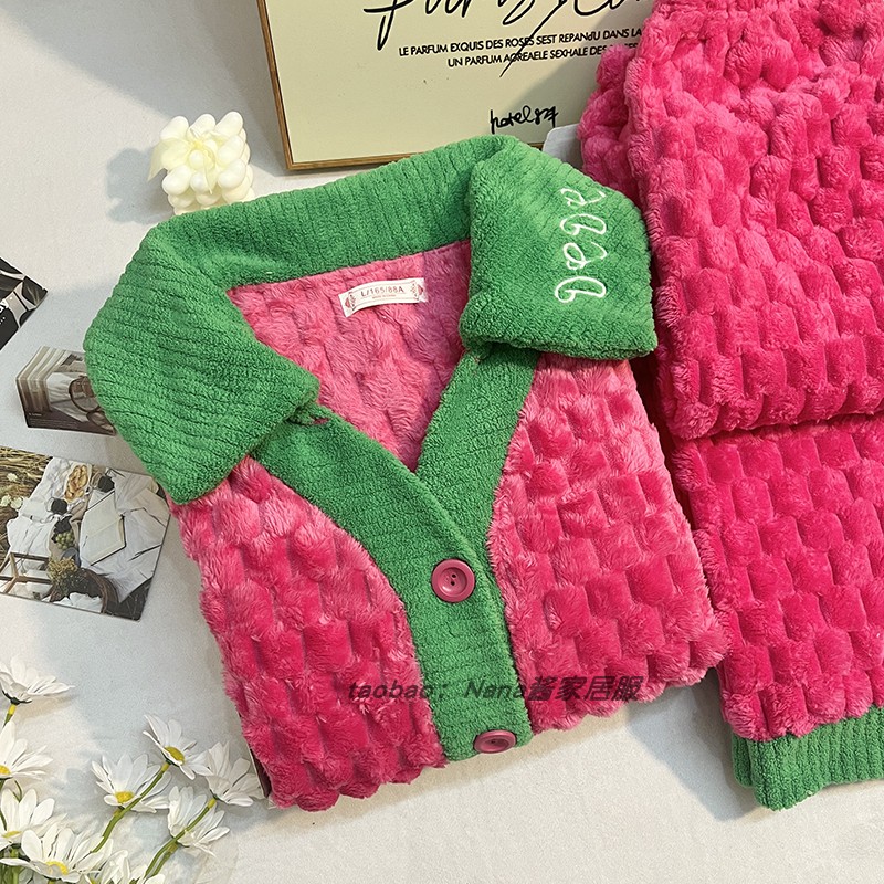 冬天睡衣女珊瑚绒加绒加厚高级感法兰绒保暖大码玫红色家居服套装