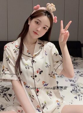 冰丝睡衣女2025新款夏款短袖短裤长裤卡通米奇薄款家居服三件套装