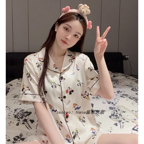 冰丝睡衣女2025新款夏款短袖短裤长裤卡通米奇薄款家居服三件套装