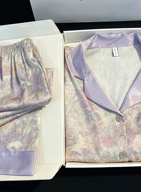 冰丝睡衣女夏季2025新款水墨画紫色短袖短裤丝绸家居服套装可外穿