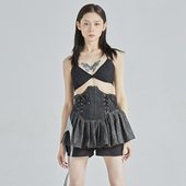 LinyiL辣妹高腰超绝束身短裙冬半身黑色牛仔百褶裙A字半身裙