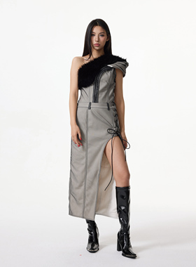 Linyi Li秋冬25新款设计感毛毛领皮草斜肩毛呢气质收腰长款连衣裙