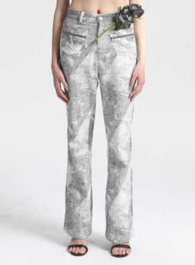 LinyiLi 副线印花高腰百搭巨好看的冬装裤子女休闲裤微喇裤牛仔裤