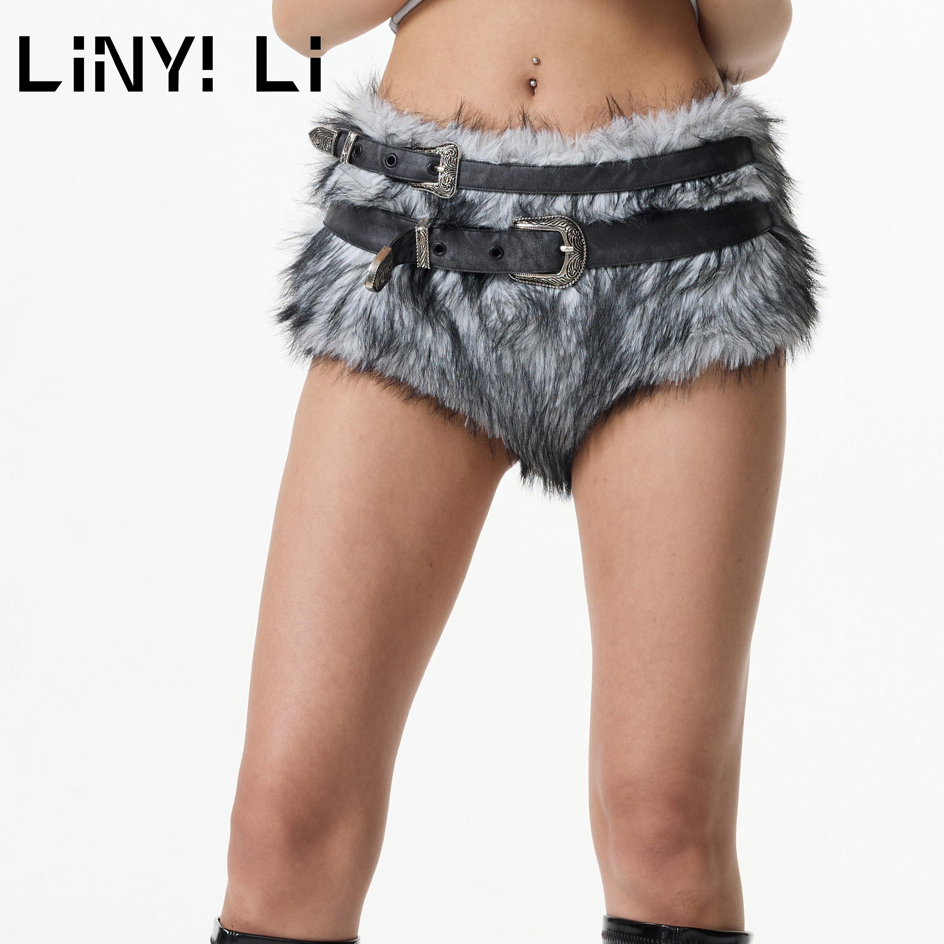 【王怡人吴莫愁同款】Linyi Li辣妹毛毛超短裤女长毛皮草低腰热裤