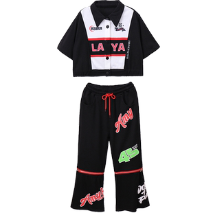 女童爵士舞服装潮酷黑色裤子短袖套装少儿童jazz街舞表演出潮服春