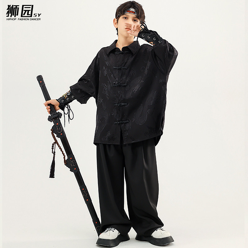 狮园男女童中国风黑色国潮套装