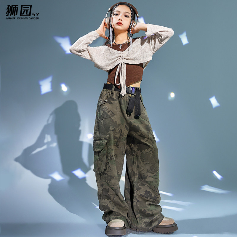 爵士舞服装女童练功背心迷彩裤套装少儿童时髦酷帅jazz演出服女孩