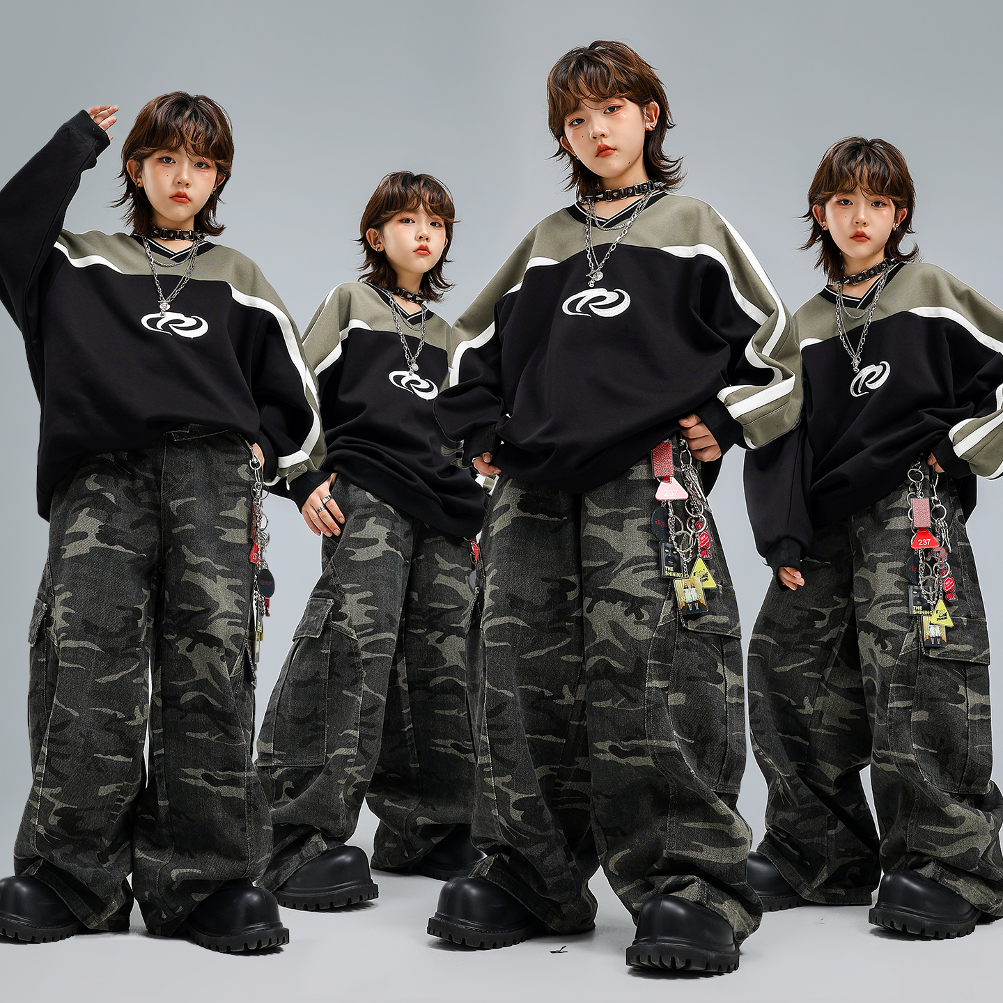 街舞儿童潮服嘻哈hiphop潮牌套装男童个性炸街童装少儿宽松演出服