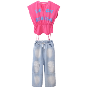 爵士舞服装女童短款上衣夏季牛仔裤子套装女孩少儿童jazz表演出服