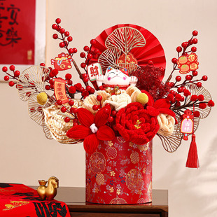发财果抱抱桶红果摆件新年乔迁装饰布置客厅年宵花过年福桶仿真花