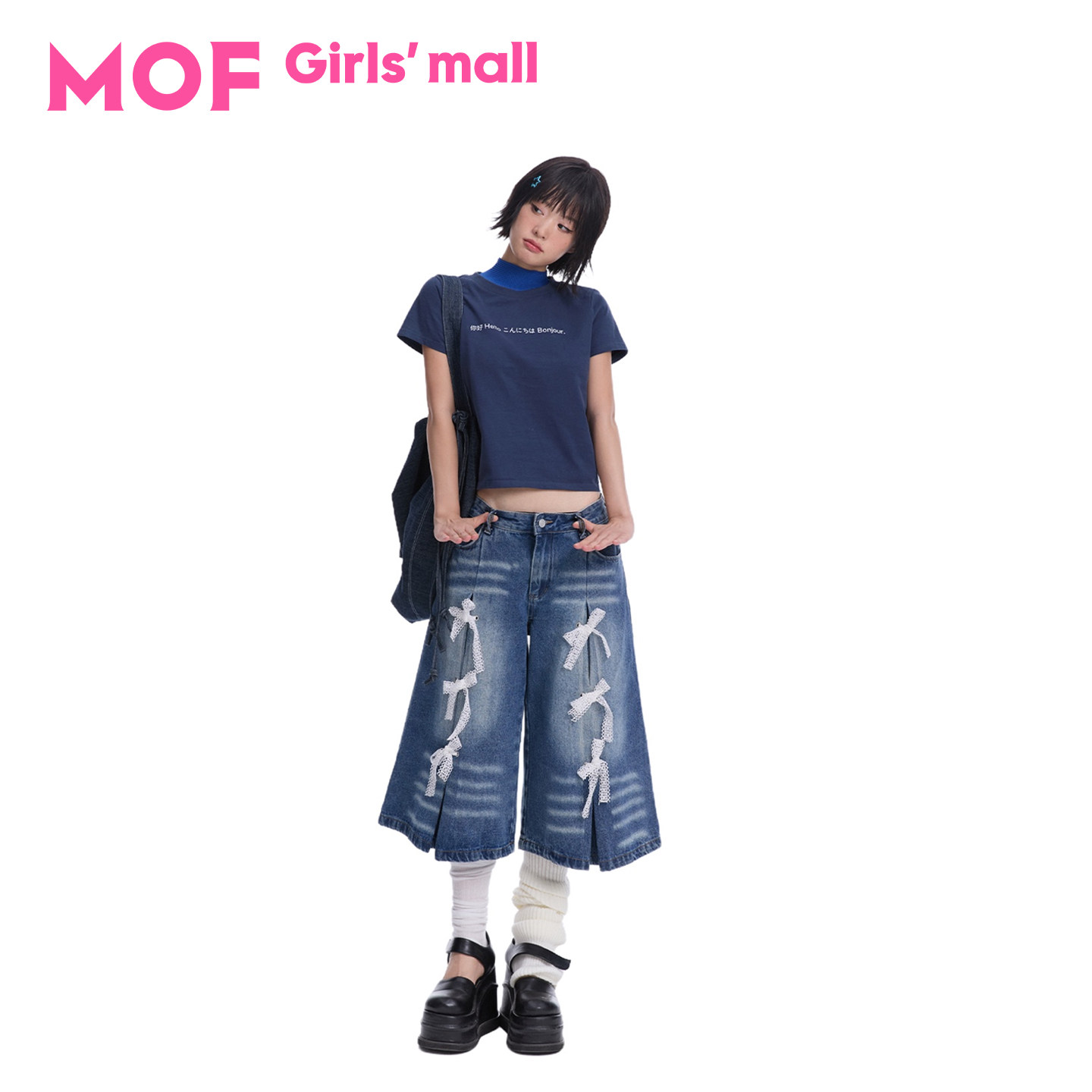 MOF少女百货 蕾丝蝴蝶结牛仔直筒中裤休闲蝴蝶结系带宽松牛仔裤