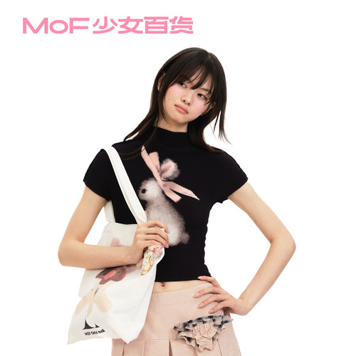 MOF少女黑色丝带兔短袖褶皱衫