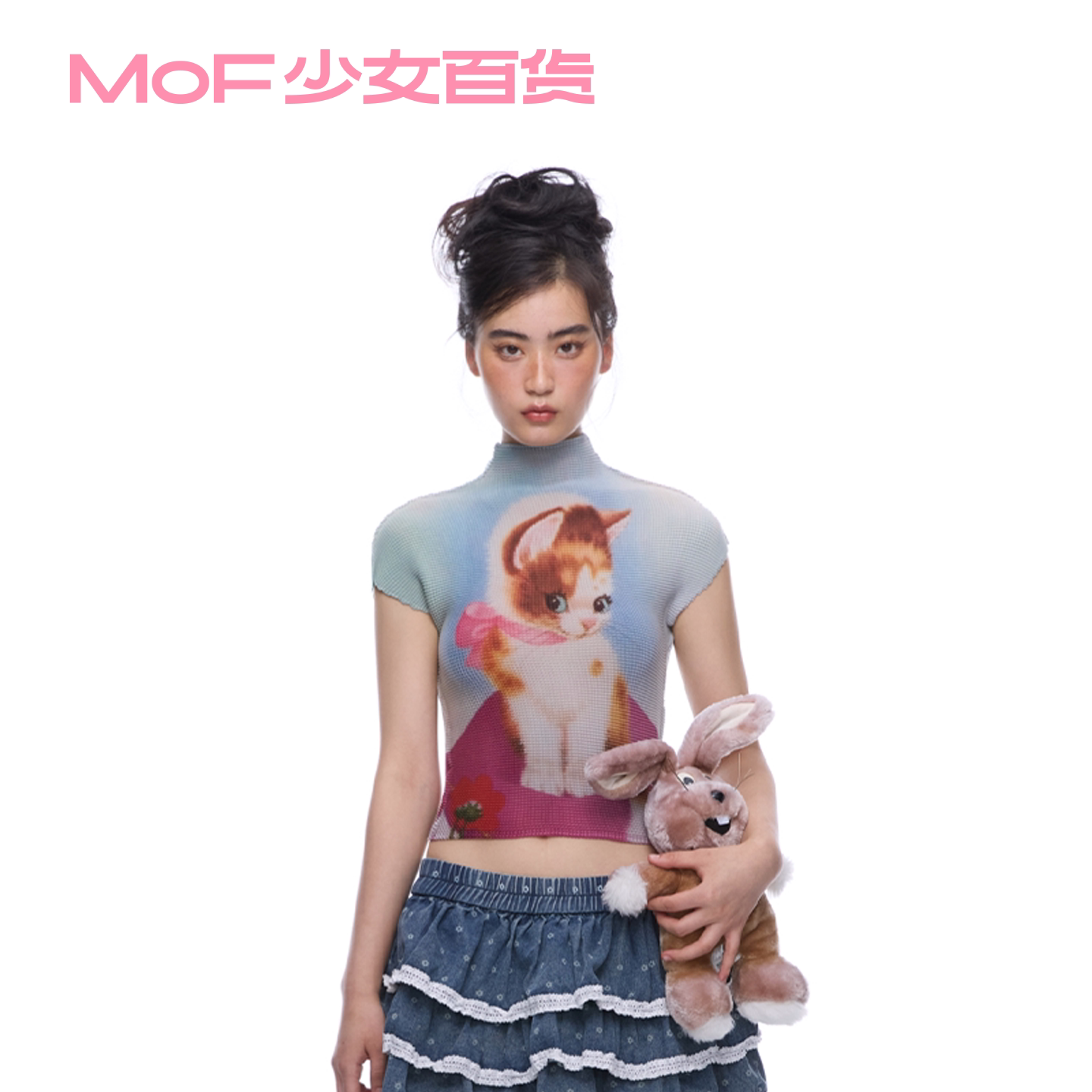 MOF少女百货 坐垫猫褶皱衫美式复古辣妹印花短袖t恤女甜酷上衣