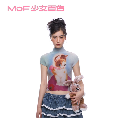 MOF少女百货 坐垫猫褶皱衫美式复古辣妹印花短袖t恤女甜酷上衣
