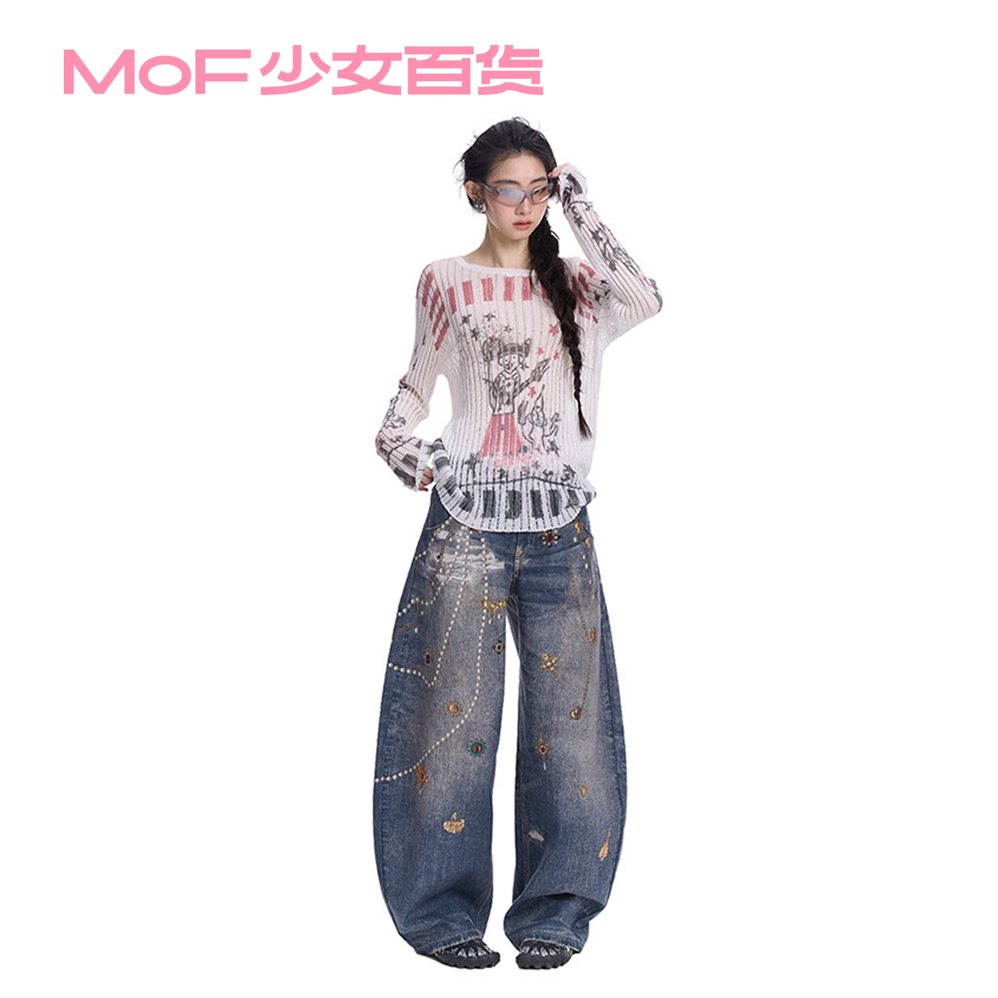 MOF少女百货 水洗做旧复古涂鸦宝石胸针印花弯刀牛仔裤宽松显瘦图片