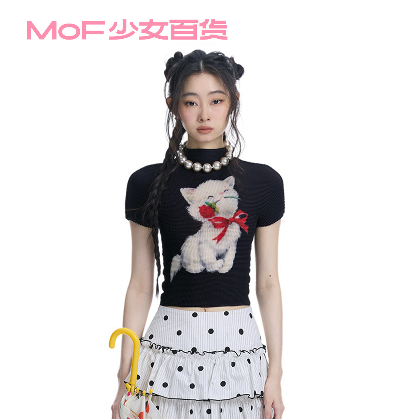 MOF少女百货  玫瑰猫咪褶皱衫夏季新款修身显瘦减龄黑色T恤上衣女