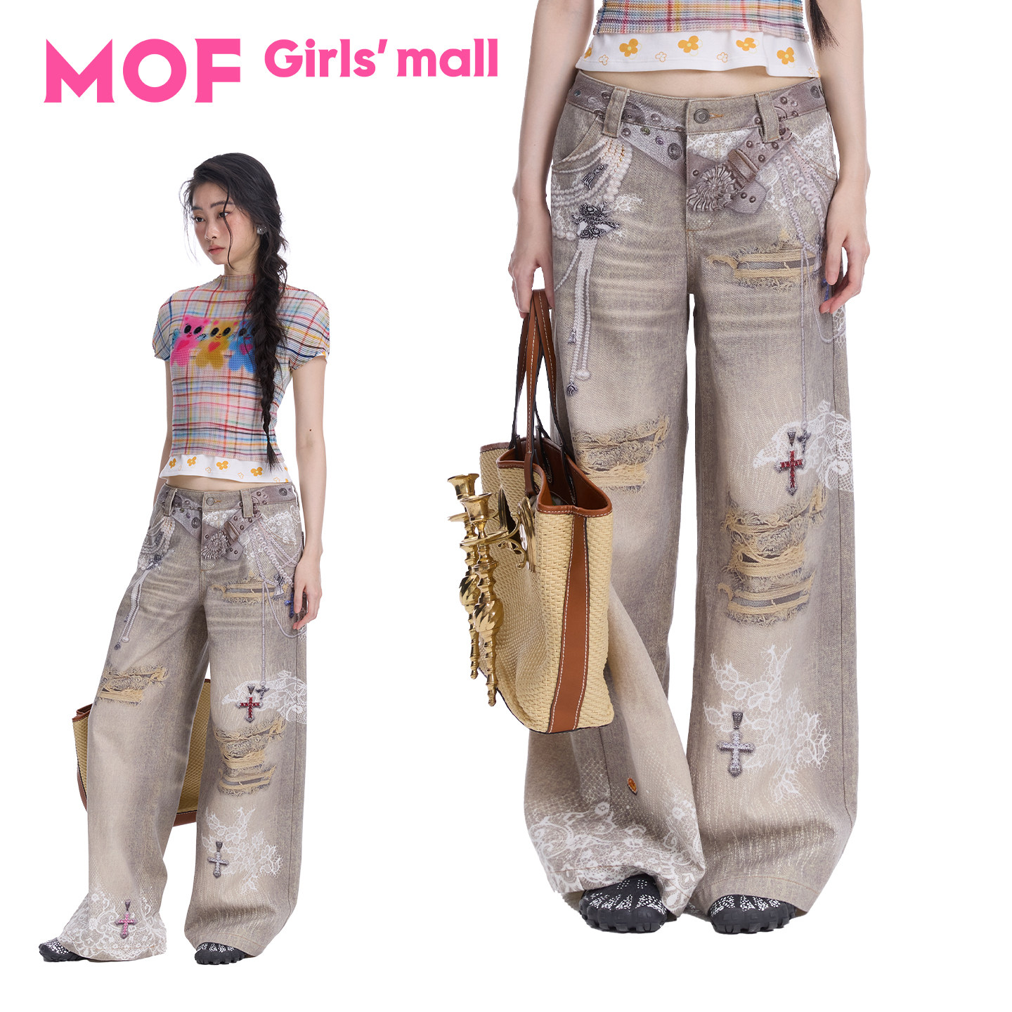 MOF少女百货 卡其色直筒裤重工蕾丝涂鸦印花牛仔裤直筒微喇裤女夏