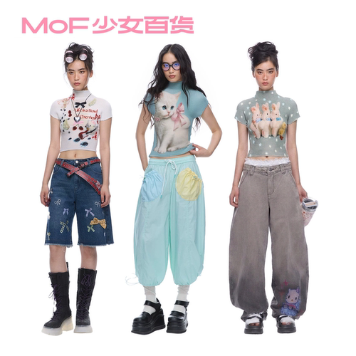 MOF少女百货 田曦薇明星同款褶皱上衣夏新款涂鸦减龄正肩短袖T恤