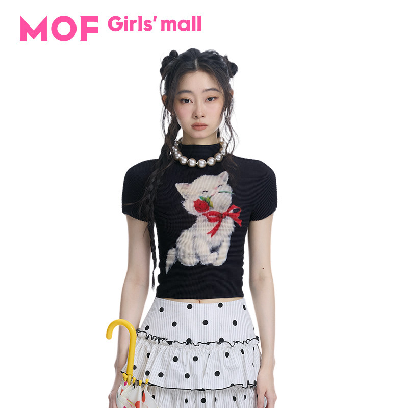 MOF少女百货  玫瑰猫咪褶皱衫夏季新款修身显瘦减龄黑色T恤上衣女