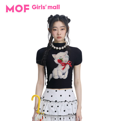 MOF少女百货  玫瑰猫咪褶皱衫夏季新款修身显瘦减龄黑色T恤上衣女