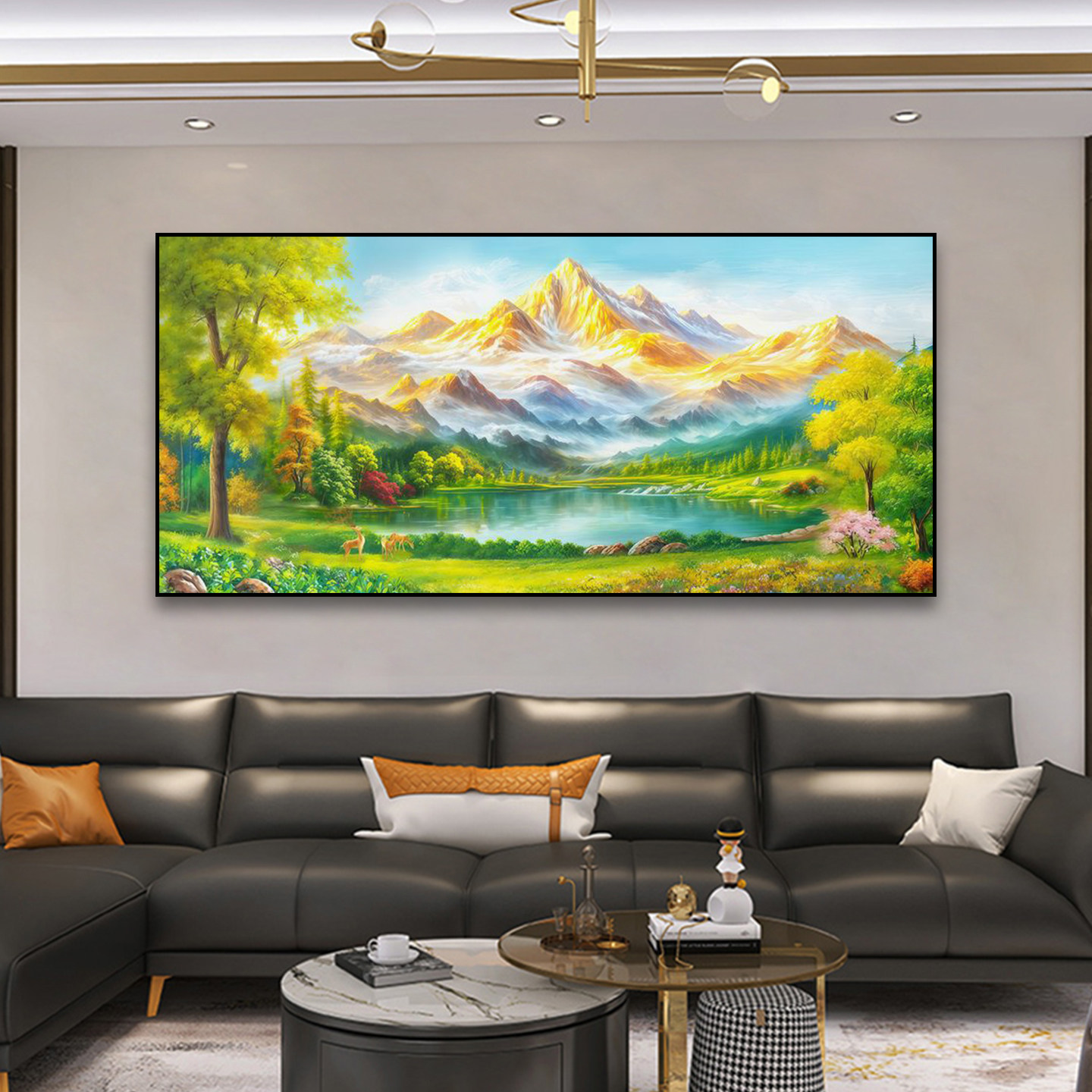 日照金山聚宝盆山水油画客厅装饰画麋鹿湖泊风景轻奢办公室招财画