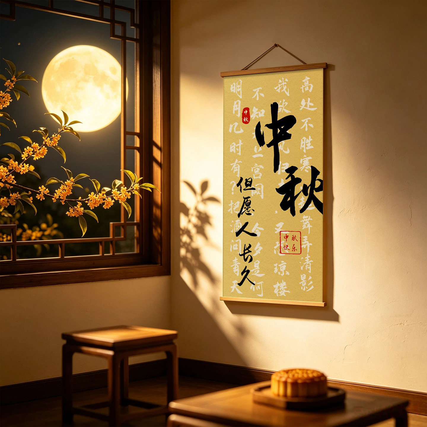 中秋但愿人长久书法挂画新中式客现代装饰画