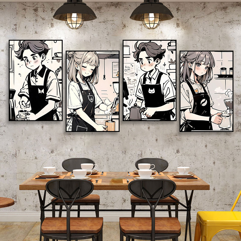 咖啡店卡通少女装饰画甜品屋奶茶店可爱动漫挂画美式餐厅创意壁画