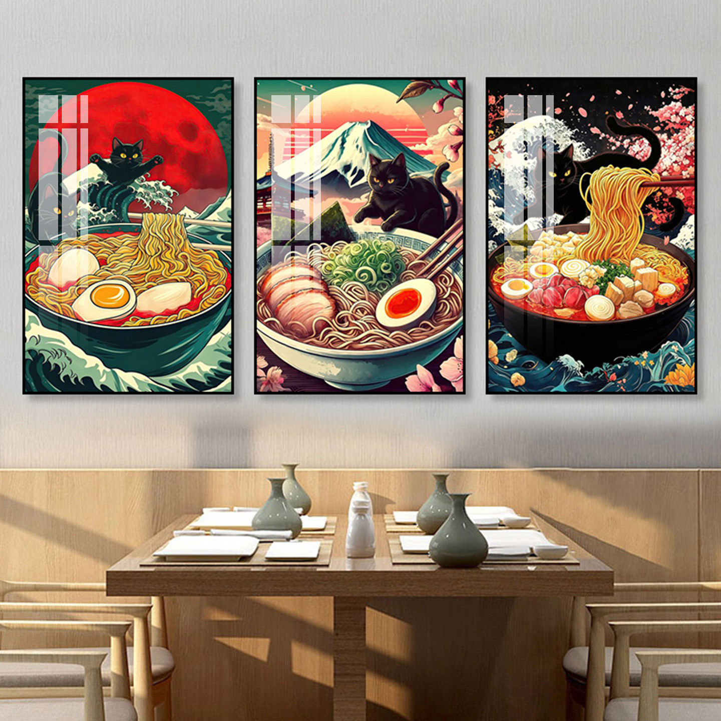 日式拉面馆装饰画浮世绘猫咪日料店墙面壁画日本料理寿司餐厅挂画