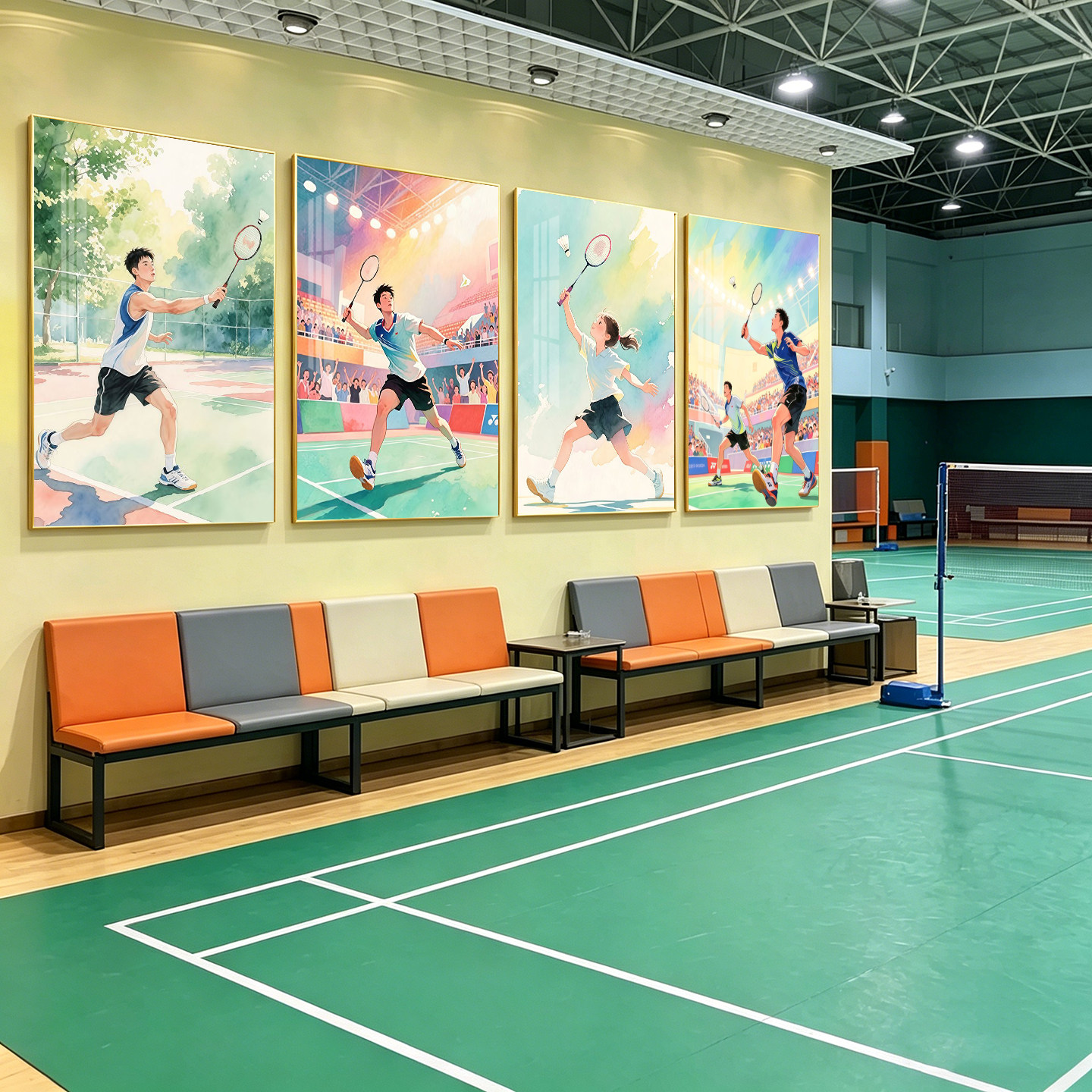羽毛球运动装饰画水彩风俱乐部体育馆挂画青少年羽毛球培训班壁画