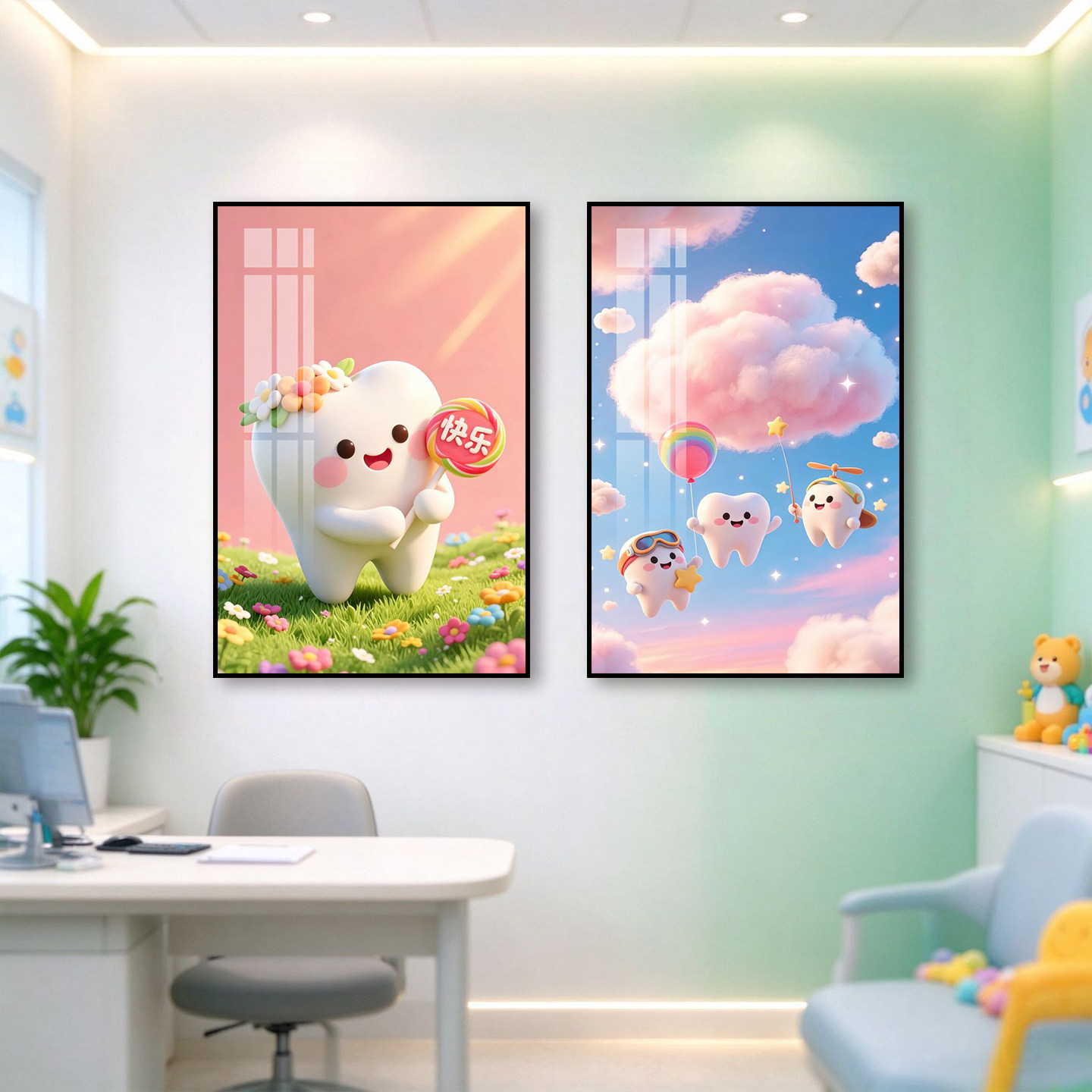 儿童牙科装饰画治愈卡通可爱牙齿挂画口腔诊所诊室医院背景墙壁画