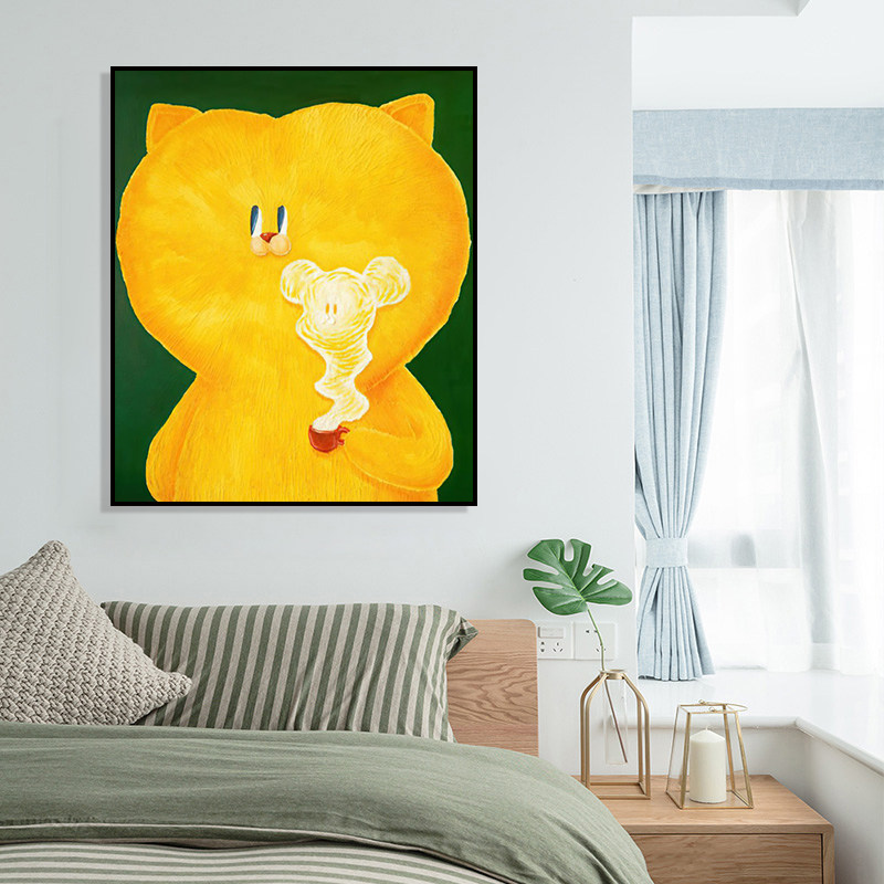 恶搞手绘猫咪装饰画儿童房卧室床头卡通油画客厅挂画餐厅抽象壁画