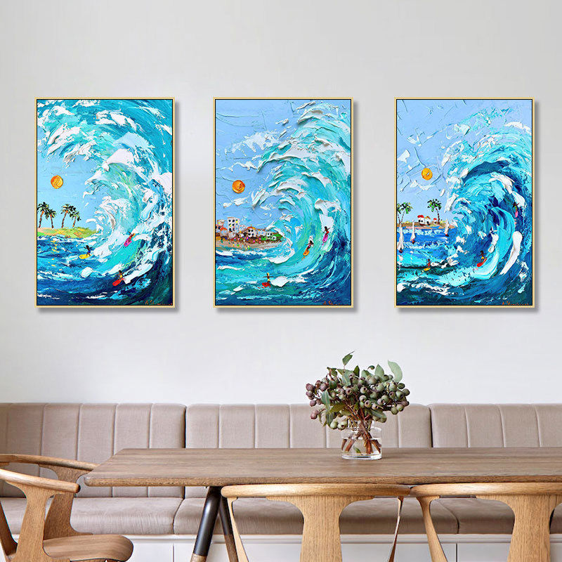 地中海风情小镇海浪手绘油画民宿餐厅蓝色系立体肌理风景墙装饰画