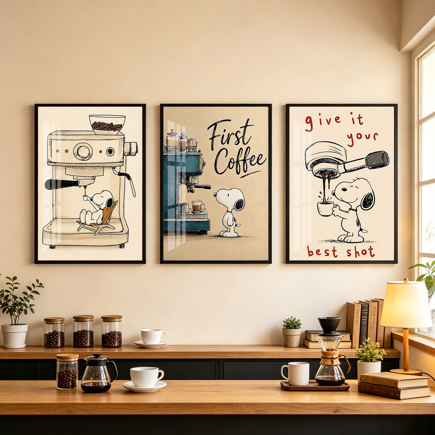 史努比咖啡复古油画挂画美式咖啡店壁画客厅餐厅吧台墙面装饰画