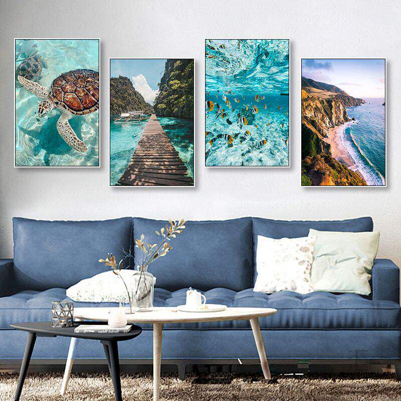 海洋风景装饰画沙滩海滩贝壳海鲜餐厅挂画海景酒店卫生间浴室壁画