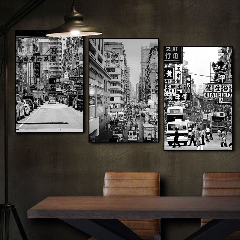 老香港复古街景装饰画酒吧咖啡店挂画茶餐厅饭店港风怀旧建筑壁画
