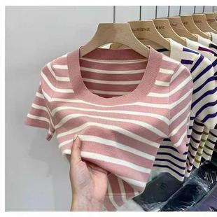 short Simple sleeved striped neck slimming contrast round