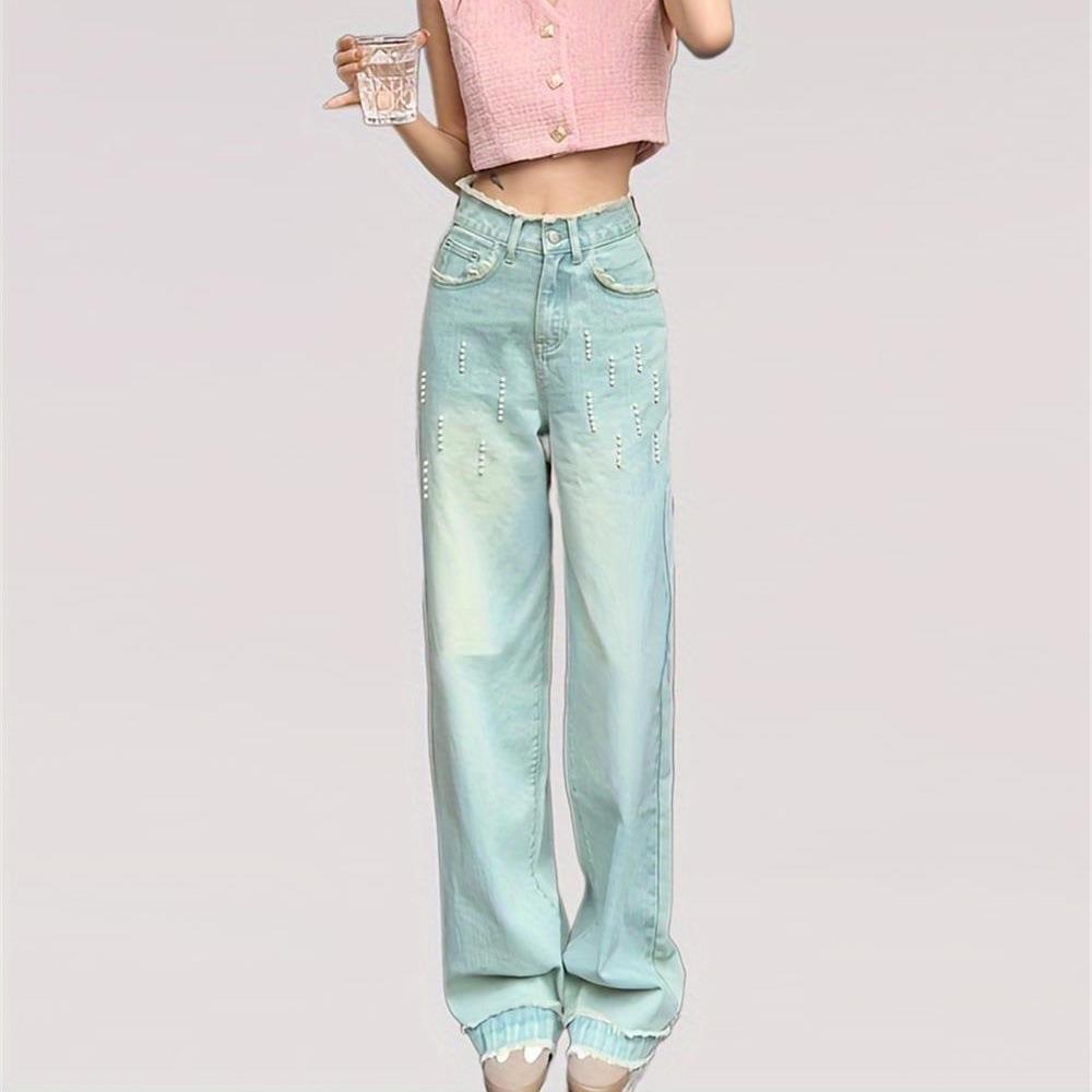 Fashion Pearl Straight Jeans Womens Wide Leg Mopping Retro