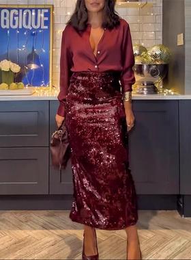 Summer party shirt two-piece INS casual loose sequin skirt