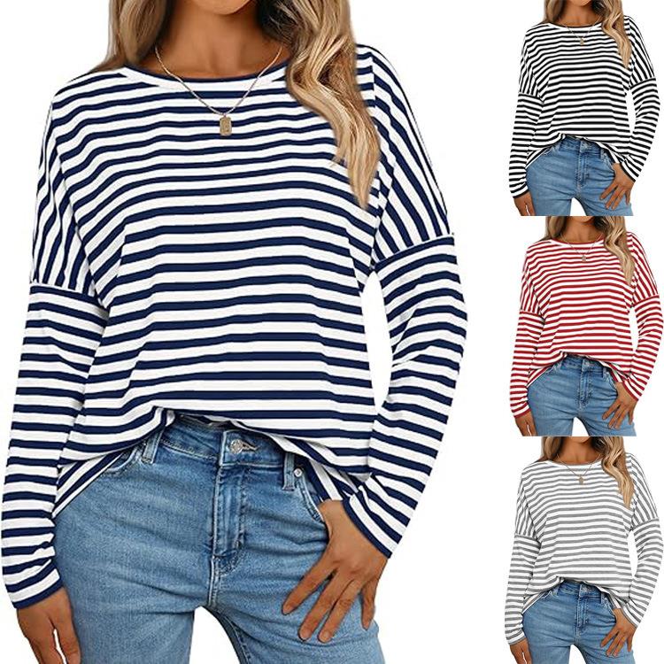 Womens Long Sleeve Round Neck T-Shirt Striped Casual
