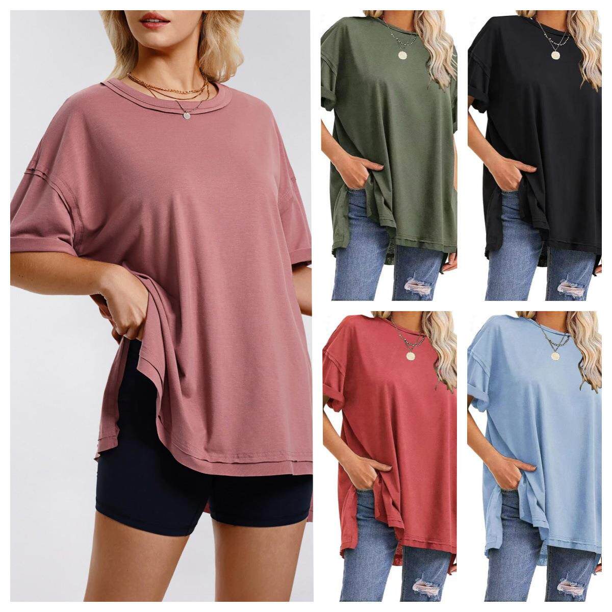 neck solid on color round T-shirt slits cotton sides Womens
