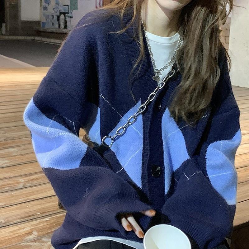 Diamond sweater cardigan for women thickened college style
