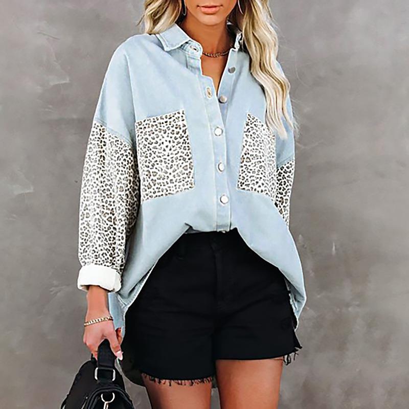leopard shirt print tops sleeves female cardigan pockets