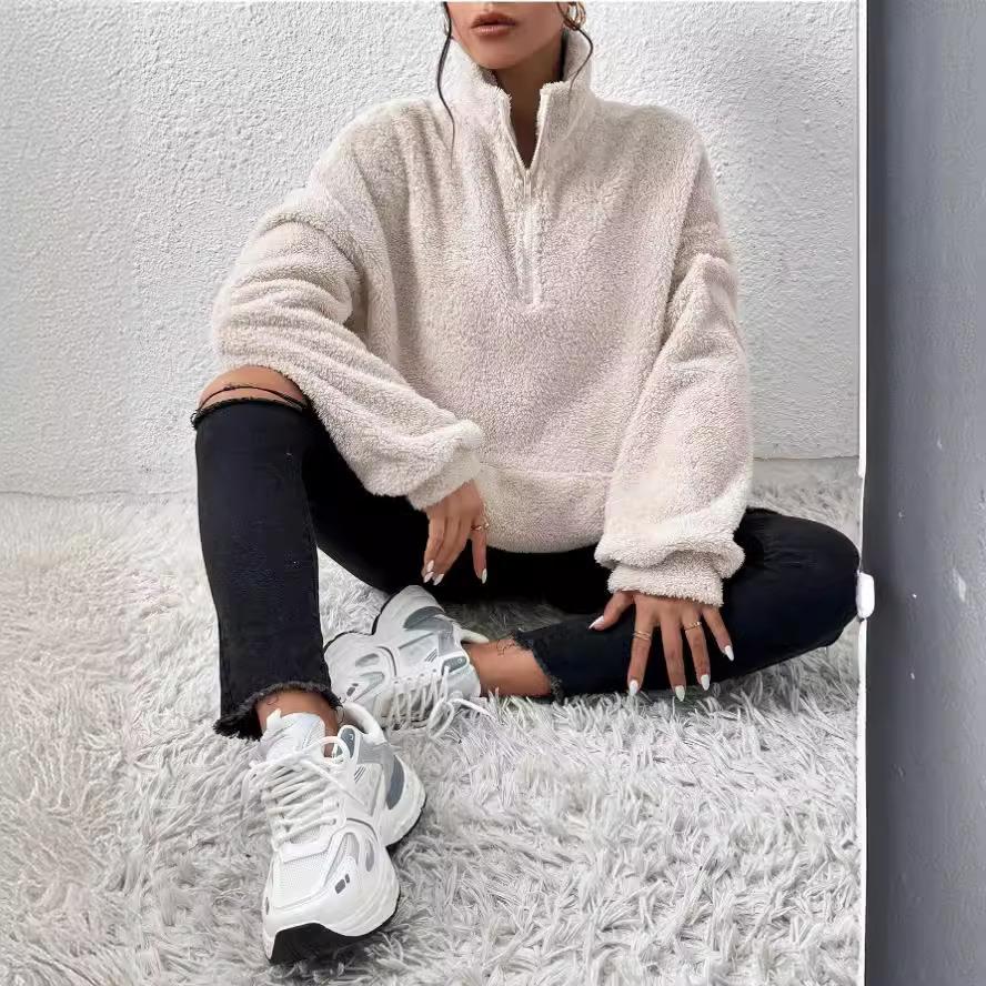 beige woman lamb woolly hoodie new fashion zipper collar