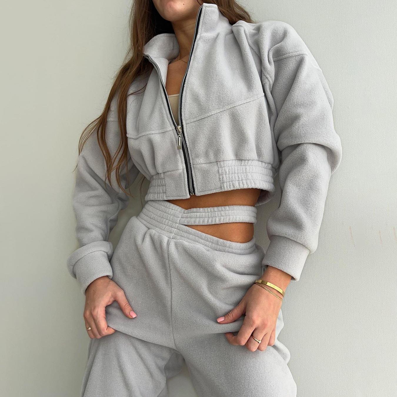 Suit Fleece Pants Stand Top Waistband Casual Collar Suit