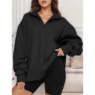 ladies zipper fashion tops loose color Solid sweatshirt