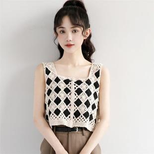argyle sleeveless knit out women hollow contrast vest color