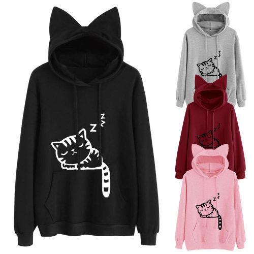 women for sweatshirt sleeve long hooded cat fleece womens