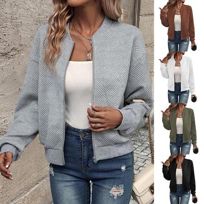 Women Outerwear Casual Collar Baseball Jacket Zipper Color