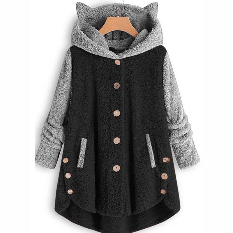Jacket Sleeve Long Colorblock Womens Top Hooded Fleece Ear